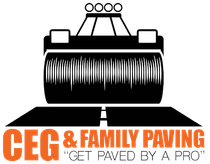 CEG & Family Paving logo with black road roller and orange text, “Get Paved by a Pro”