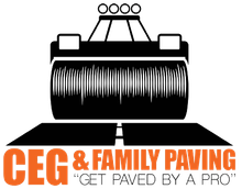 CEG & Family Paving logo with black road roller and orange text, “Get Paved by a Pro”