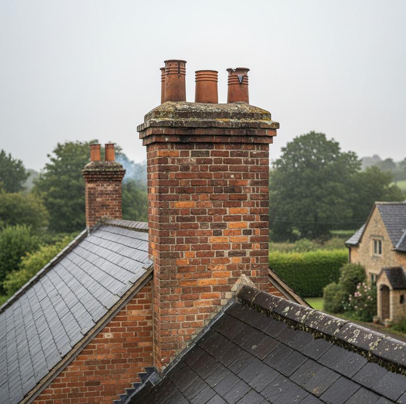 Brick chimneys on a slate roof, with green trees and a cloudy sky in the background.