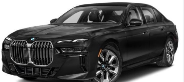 Black BMW sedan on a white background, front three-quarter view.
