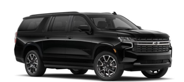 Black full-size SUV in studio view, front three-quarter angle, with chrome trim and dark tinted windows