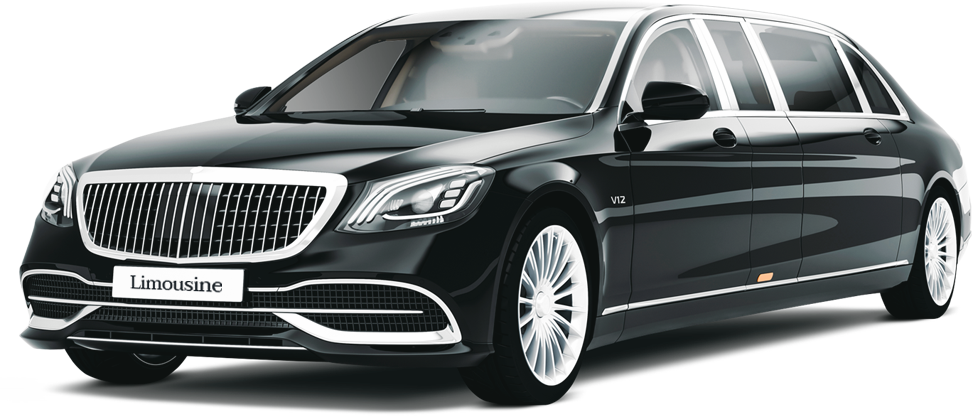 Black luxury limousine sedan in a studio-style product photo, front-left view