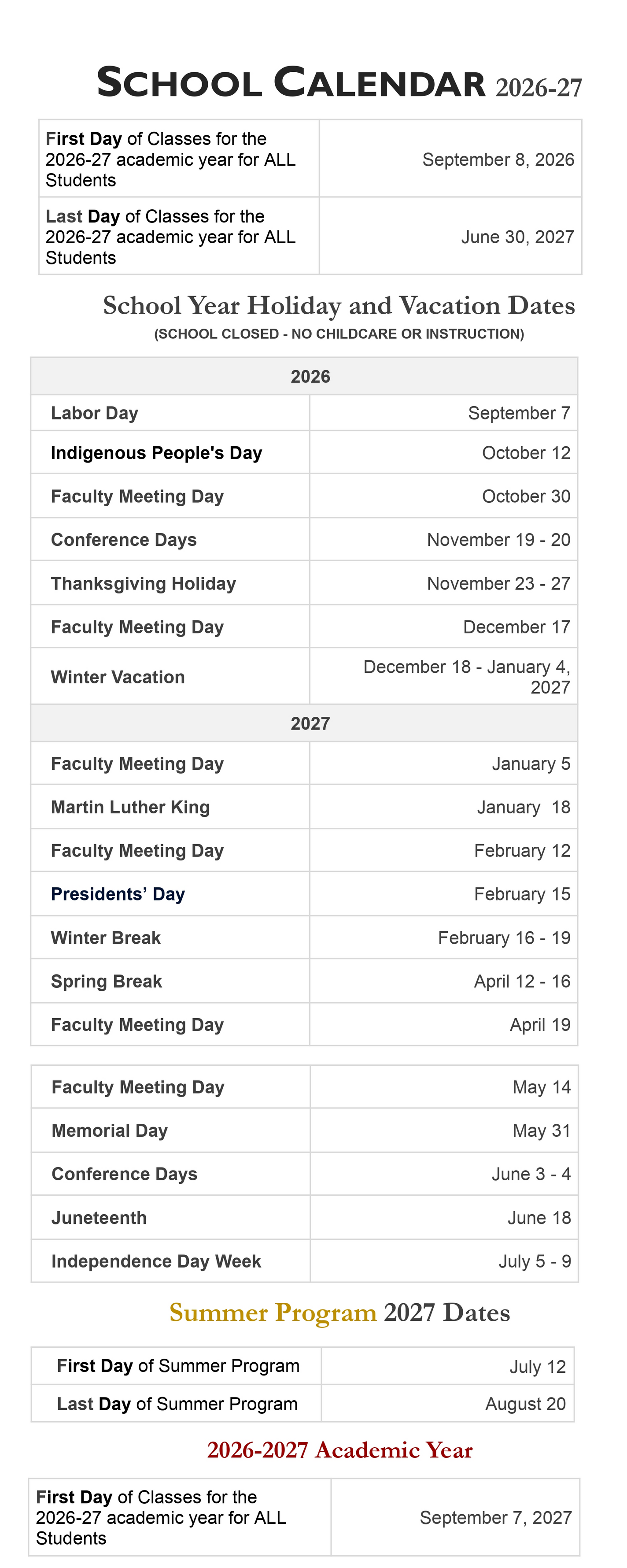 The Renaissance International School Calendar 2026-2027
