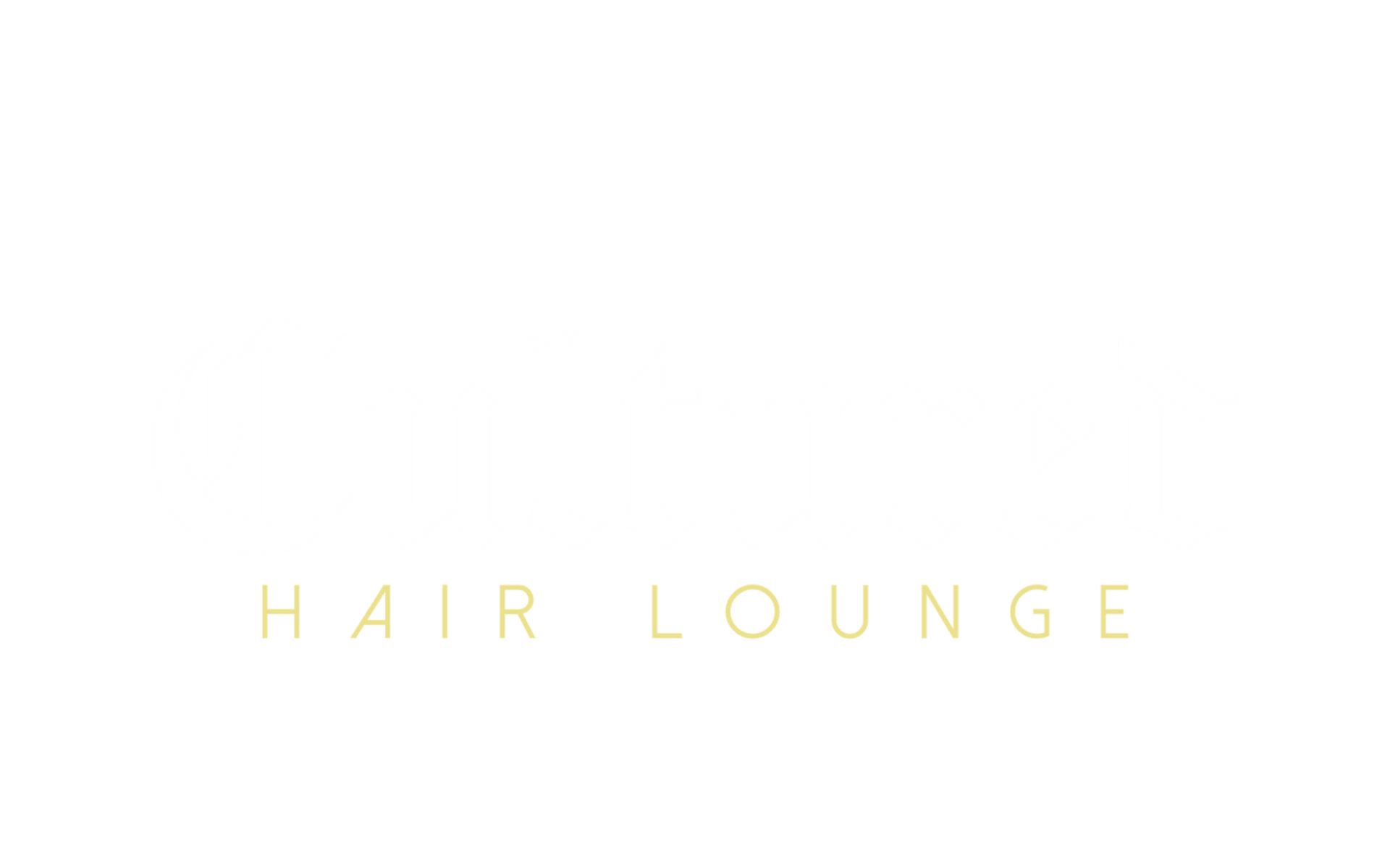 Minimal white background with pale gold text reading “HAIR LOUNGE”