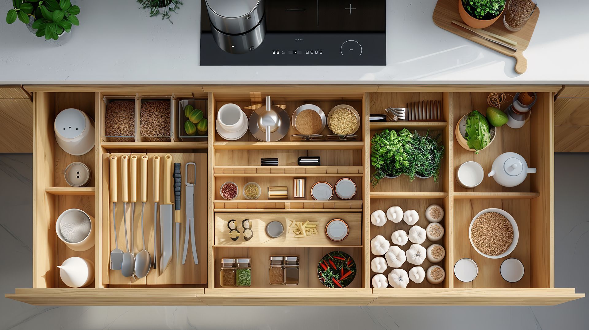 Open kitchen drawer with wooden organizers holding utensils, spices, and ingredients.