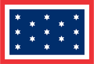 Blue flag with white stars, framed by a red border on a white background