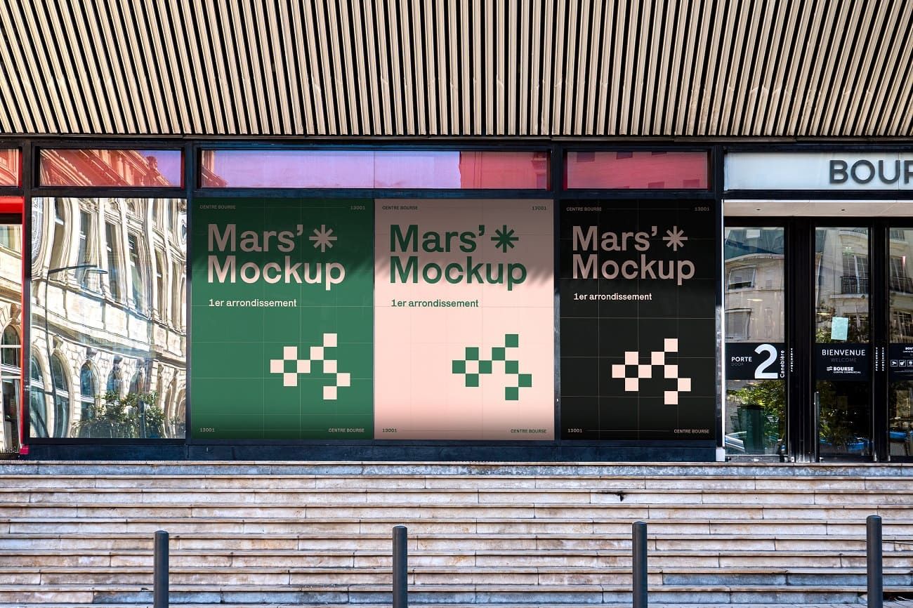 business window graphics with logo and hours