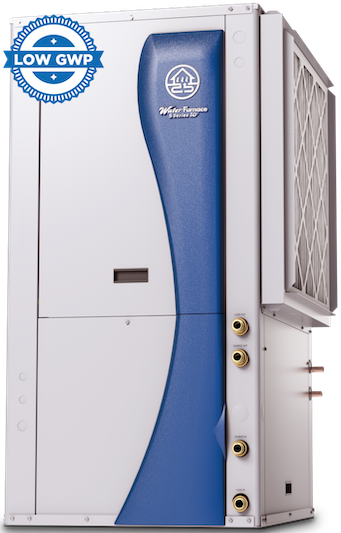A white and blue air conditioner with a low gwp label on it