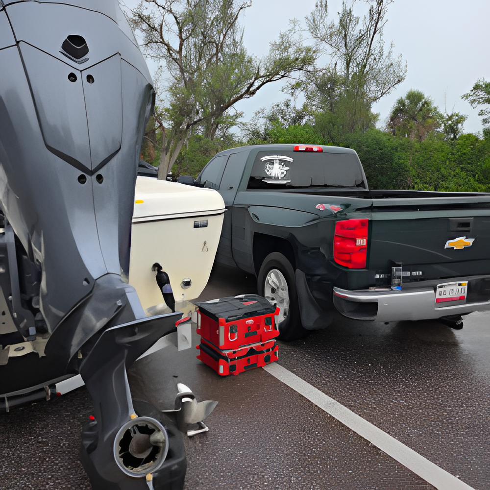 A boat and a gray truck parked on asphalt. A red toolbox sits between them.