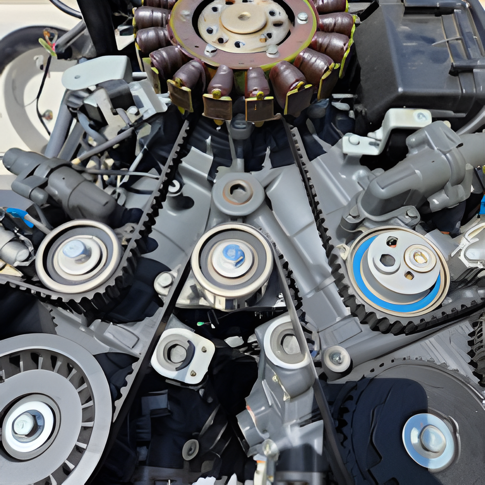 Close-up of a complex engine with belts, pulleys, and electrical components, in shades of grey and black.