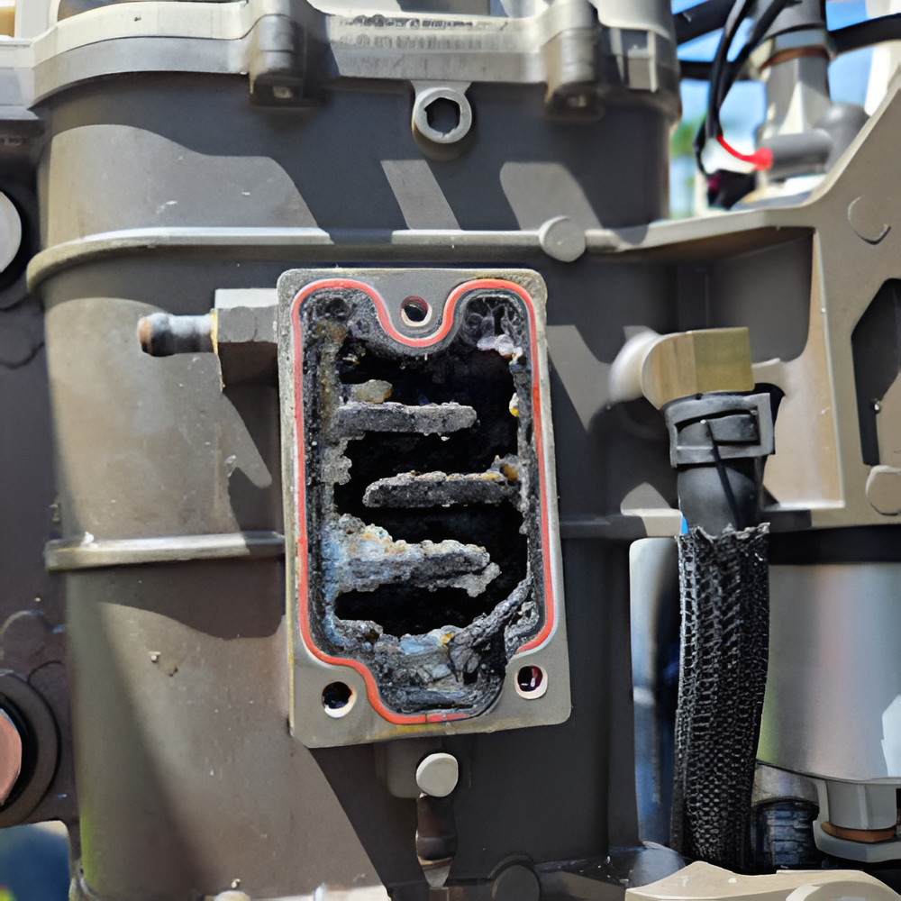 Engine component with removed cover, revealing clogged internal channels and red gasket.