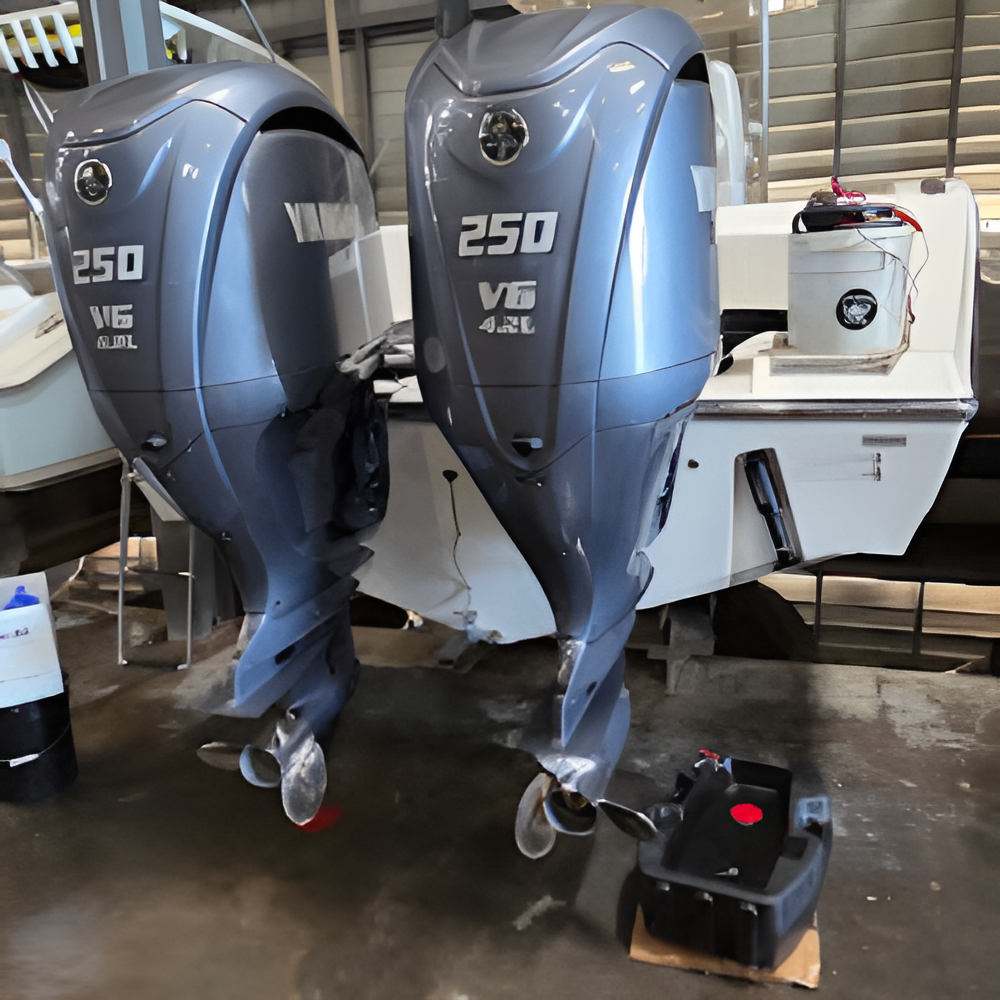 Two Yamaha 250 V6 outboard boat motors mounted on a white boat.