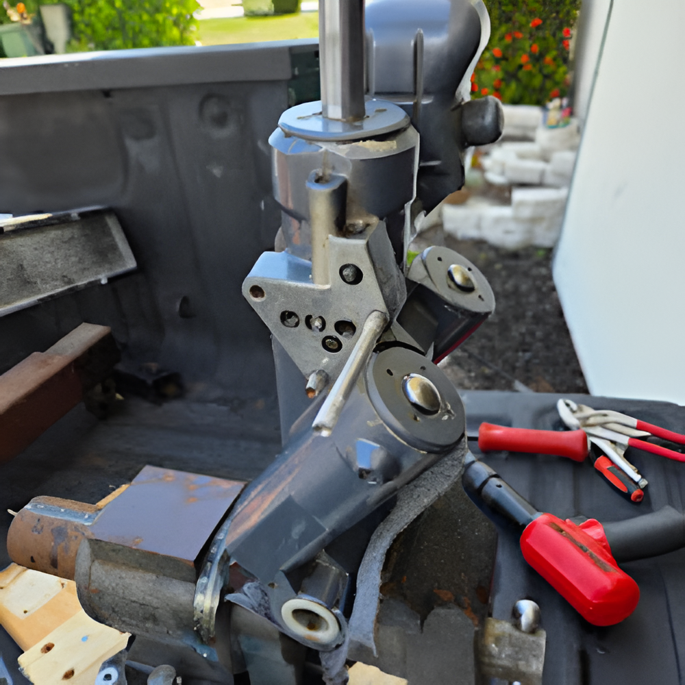 A drill press clamped in a vise, tools and parts scattered in a truck bed.