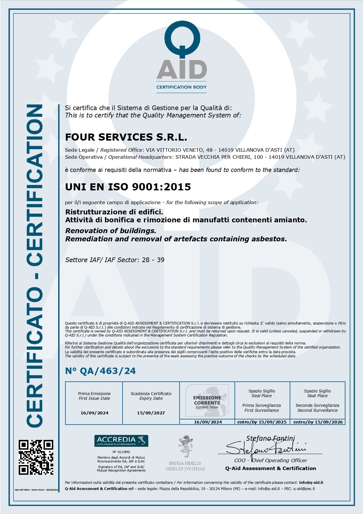 Certificazione del sistema di gestione della qualità ISO 9001:2015 rilasciata da AID a Four Services Srl per i servizi di rimozione dell'amianto.