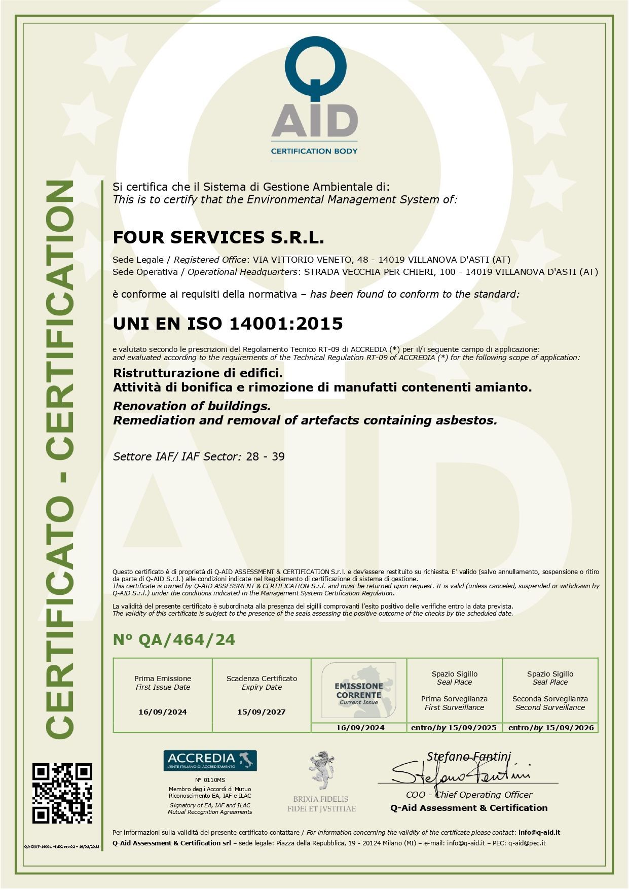 Un certificato formale di gestione ambientale ISO 14001:2015 rilasciato da Q-AID a Four Services SRL