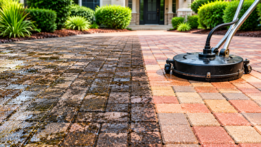 Pressure washer cleaning a brick walkway in front of a house with green shrubs