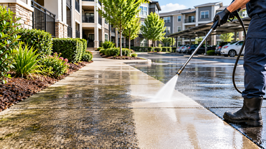 Person pressure-washing a sunlit apartment courtyard walkway