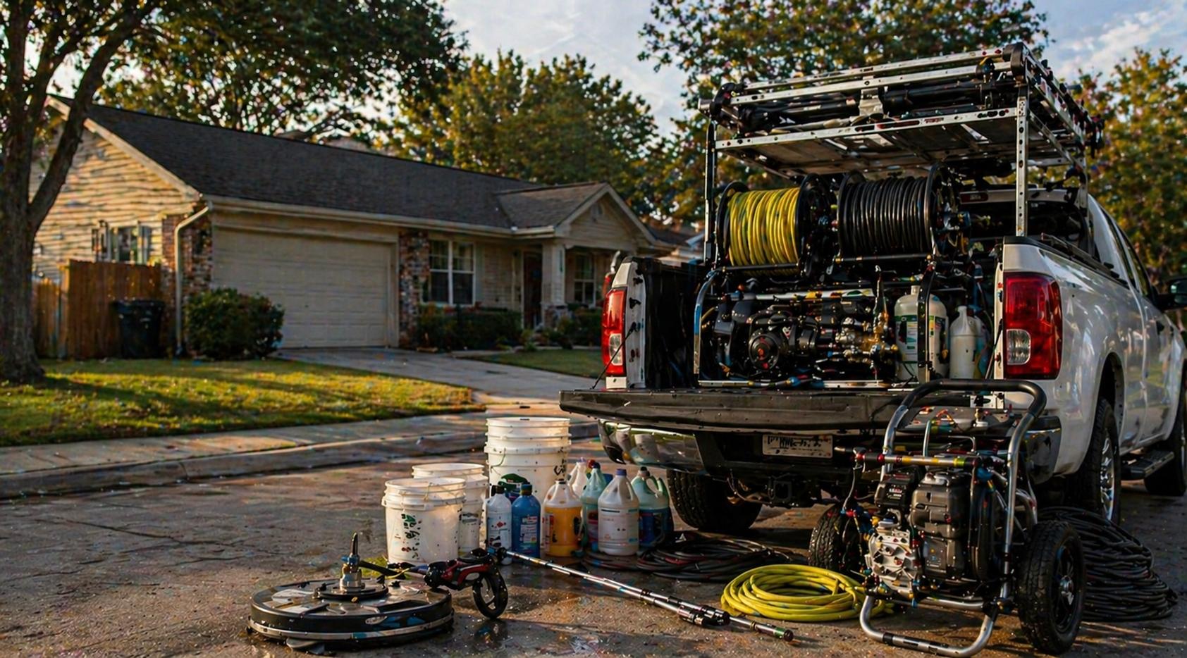 Utility truck with equipment set up in a suburban driveway after maintenance or repair work