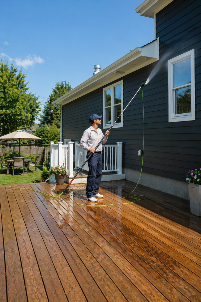 Person standing on a wet wooden deck beside a dark house on a sunny day
