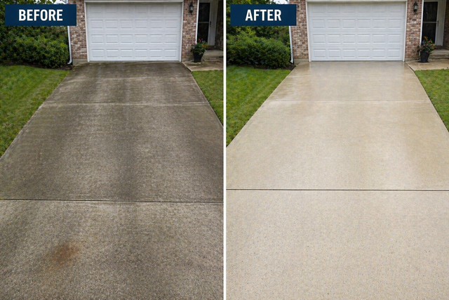 Before-and-after view of a driveway cleaned from dark stained concrete to a light, bright surface.