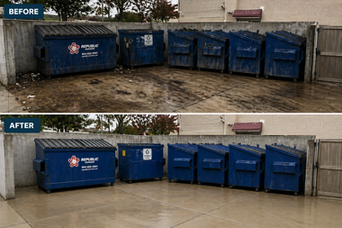 Before-and-after of blue dumpsters lined up along a wall, with the ground cleaned and paved in the after view.