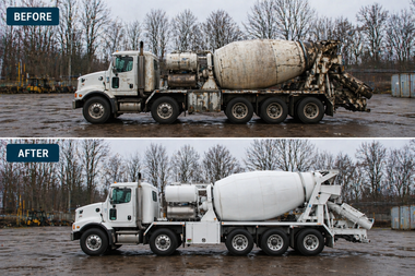 Before-and-after side view of a cement mixer truck, dirty above and cleaned white below, outdoors.