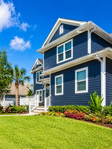 Blue house with white trim, manicured lawn, and colorful flower beds under a bright blue sky