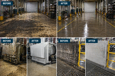 Before-and-after industrial floor cleaning: muddy warehouse aisles become clean and wet-polished.