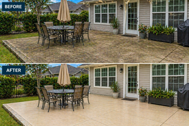 Before-and-after view of a patio cleaned from dirty stone to bright beige pavers with outdoor table and chairs