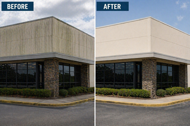 Before-and-after view of a beige building exterior, showing a refreshed facade and trim.