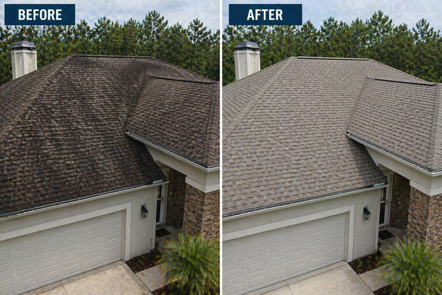 Before-and-after roof comparison: dark shingles replaced with light gray shingles on a suburban house.