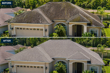 Before-and-after of a house roof, showing dark shingles replaced with light gray shingles.