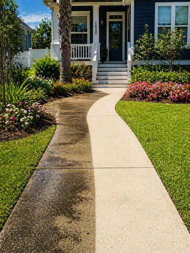 Curved concrete walkway leading to a blue house with a white porch and landscaped flower beds
