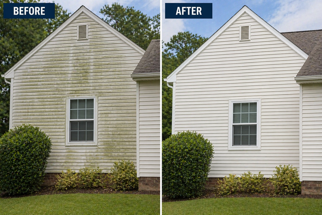 Before-and-after comparison of a house exterior with brighter white siding and trim after cleaning.