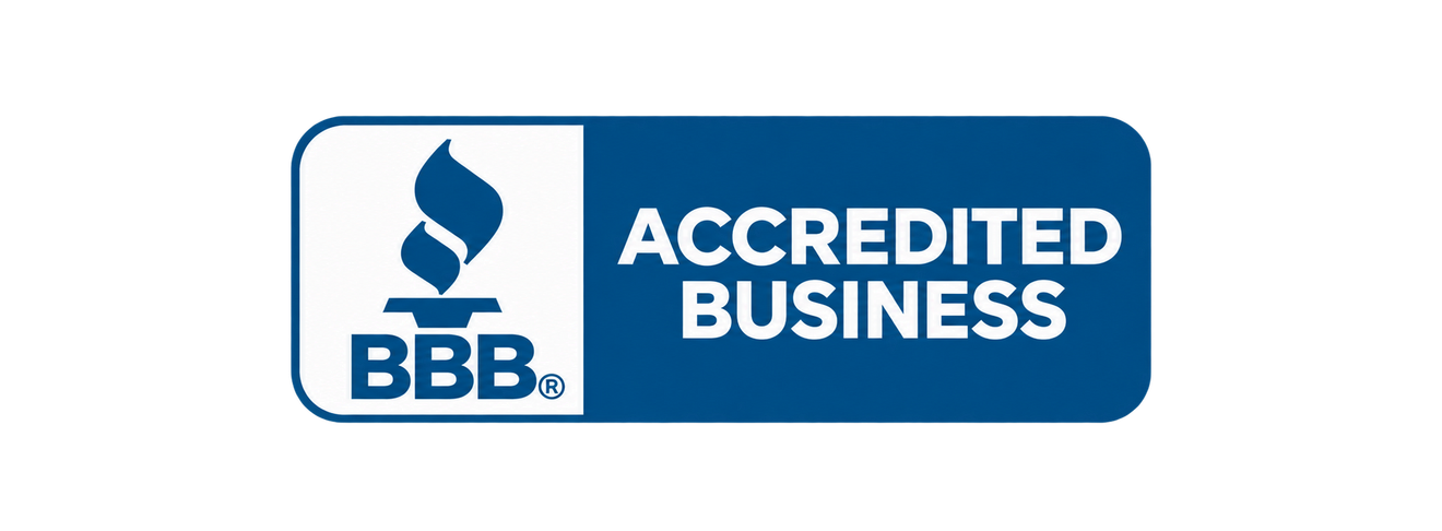 BBB Accredited Business badge, blue and white logo with text and torch icon