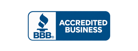 BBB Accredited Business badge, blue and white logo with text and torch icon