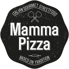 Logo for Mamma Pizza: Black badge with white text, says