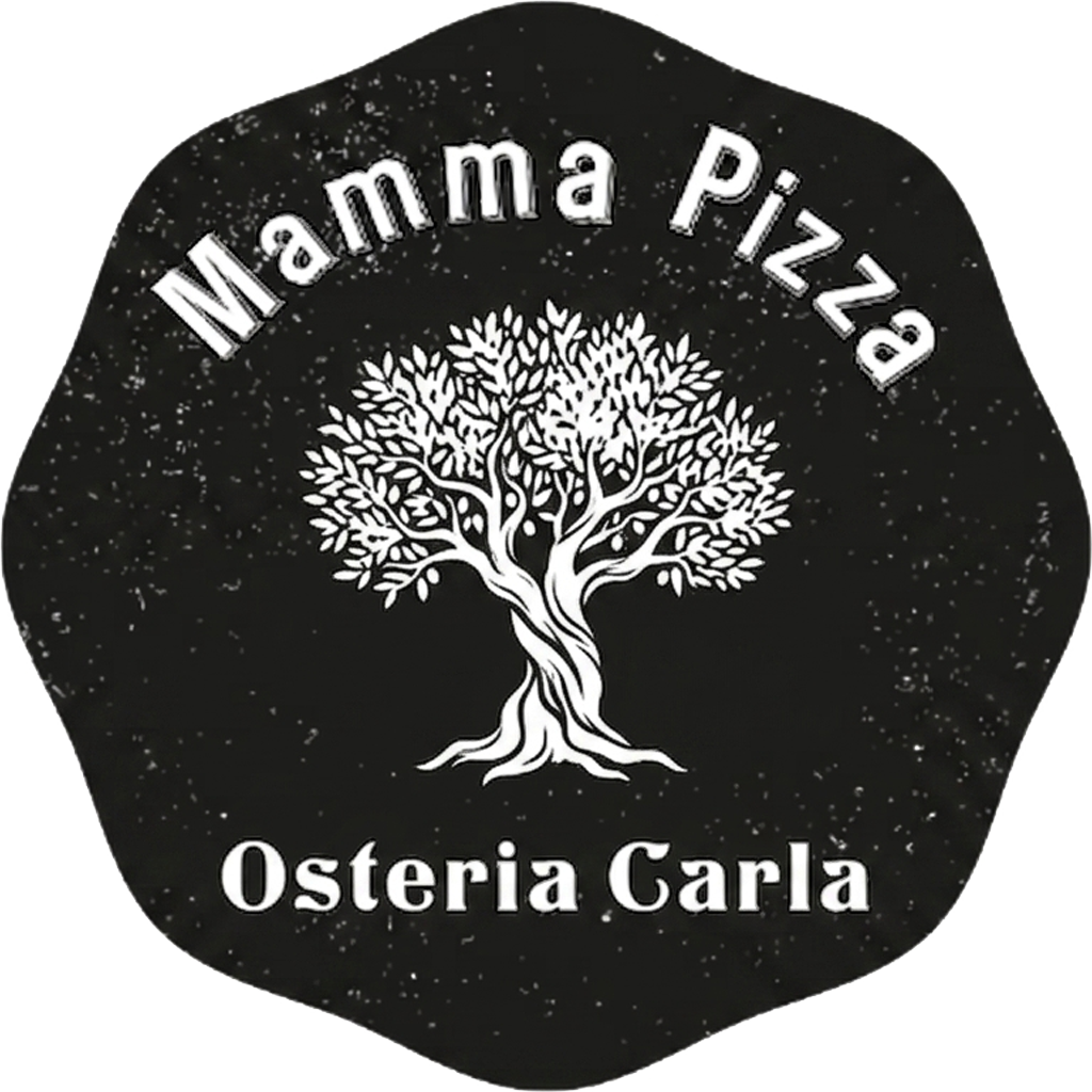 Logo for Mamma Pizza Osteria Italiana: black shape with white text and crossed pizza paddles.