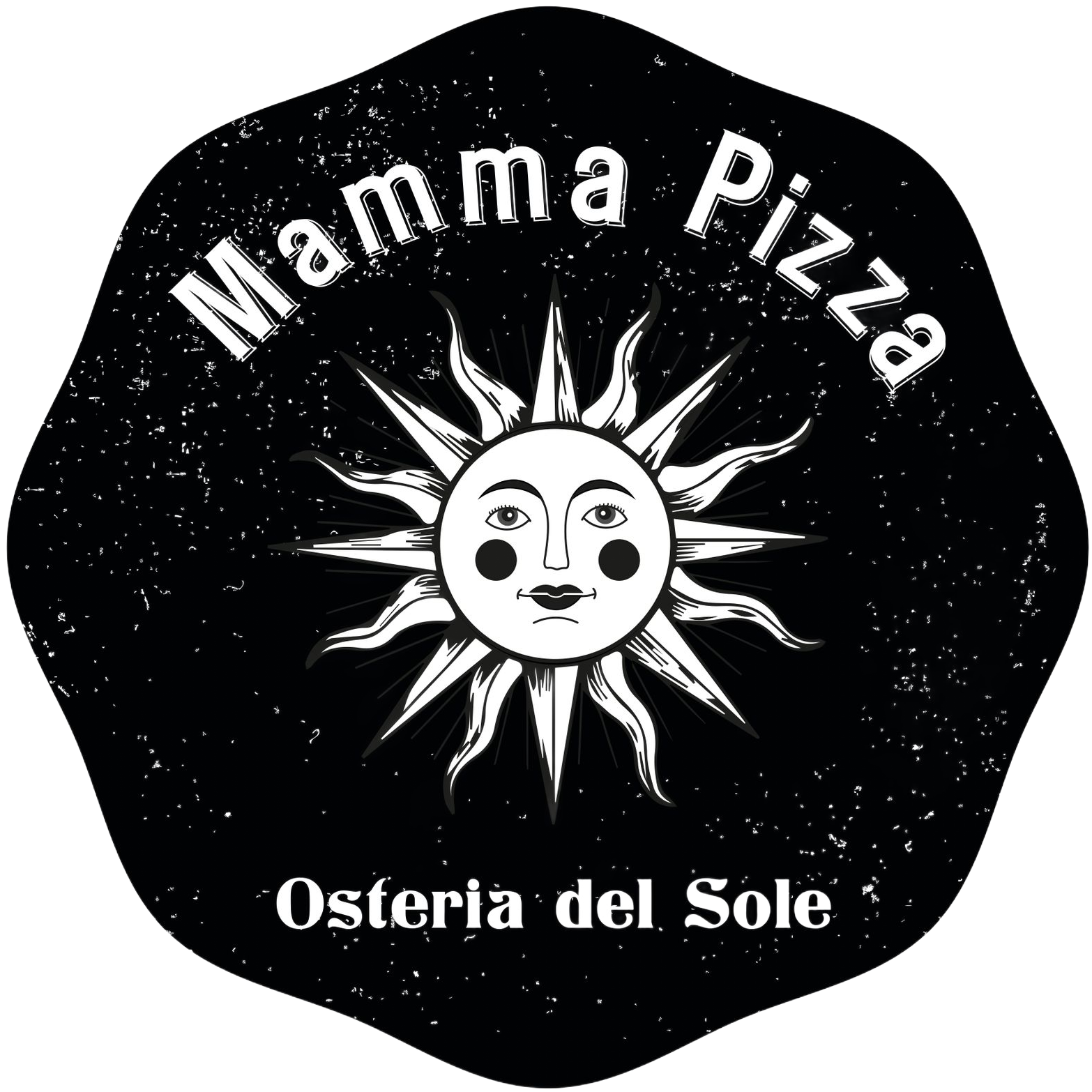 Logo for Mamma Pizza Osteria Italiana: black shape with white text and crossed pizza paddles.