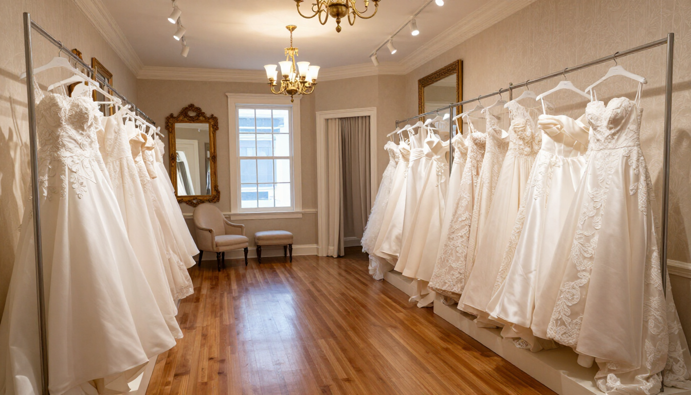 Elegant bridal gown display at Ella Park Bridal boutique in Newburgh, Indiana.