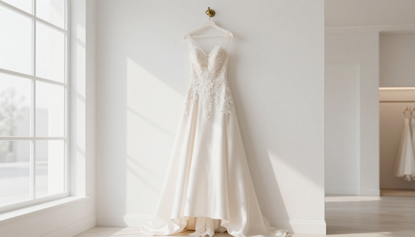 A beautiful unused wedding gown in a boutique setting.