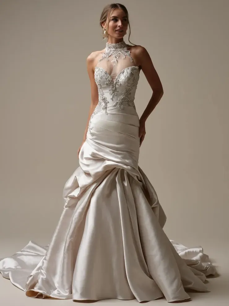 A woman is wearing a white wedding dress with a high neckline.