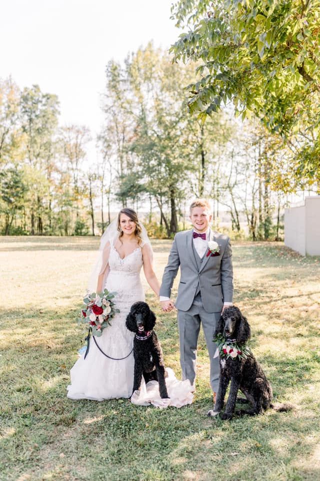 A bride and groom are posing for a picture with their dogs.
