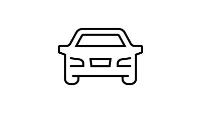 Icono de contorno negro de un coche de frente sobre un fondo blanco