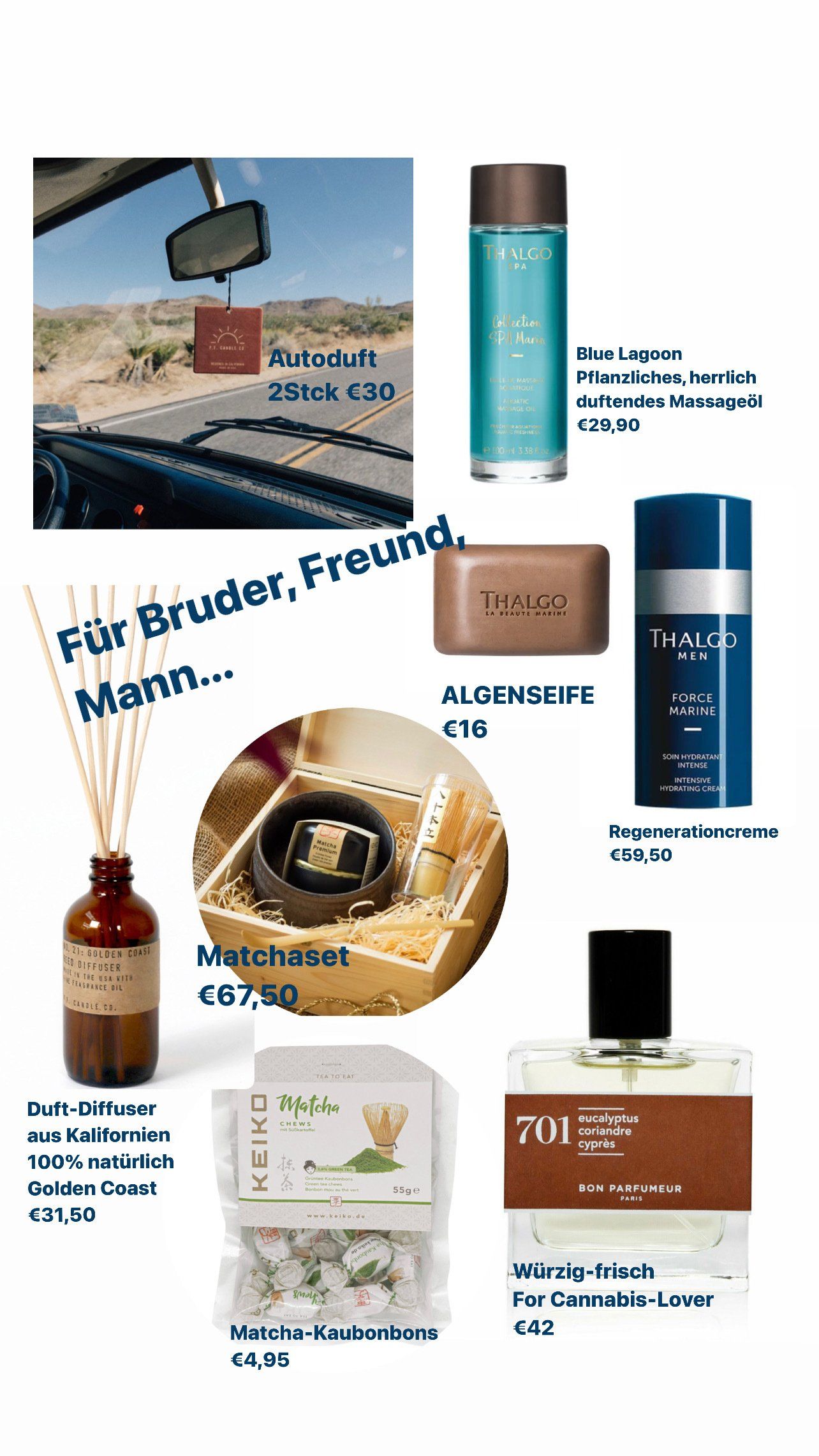Eine Collage aus verschiedenen Parfüms und Seifen auf weißem Hintergrund.