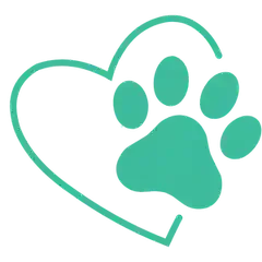 Teal heart outline with a paw print inside on a white background