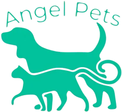 Teal “Angel Pets” logo with two pet silhouettes, a dog above a cat, on a white background