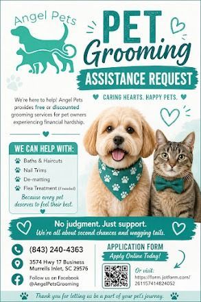 Pet grooming assistance request flyer with dog, cat, teal accents, and application details
