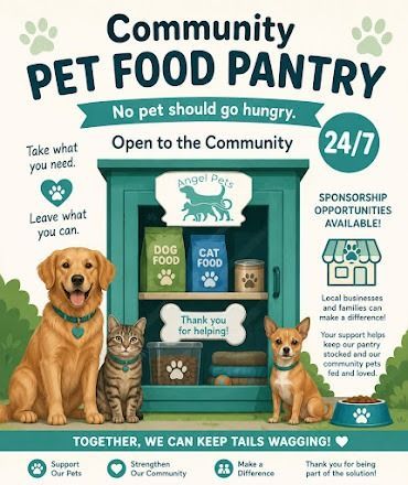 Community pet food pantry poster with dog and cat food shelves, donation info, and 