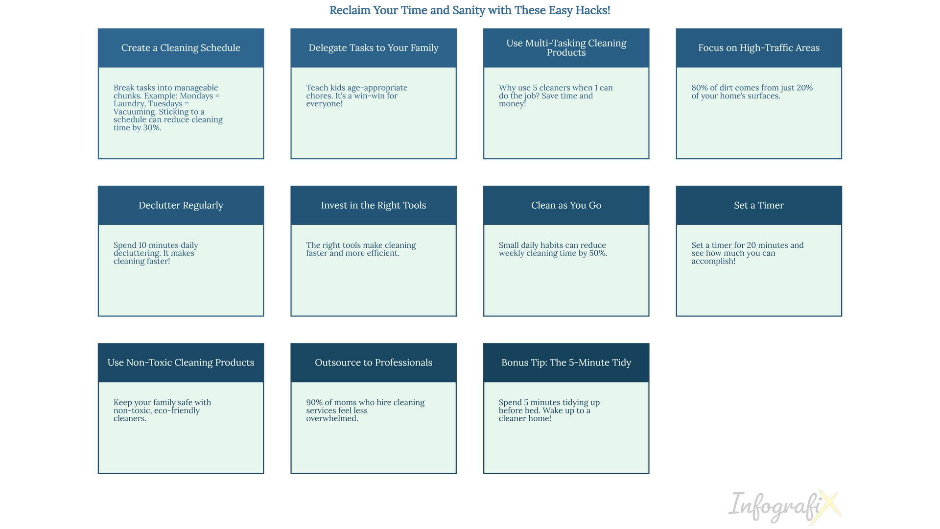 Infographic: 10 time-saving cleaning tips for busy moms in Arlington, VA, including creating a schedule, delegating chores, and using multi-tasking products. Arlington White Glove Cleaners provides professional cleaning services in Arlington and the DC Metro area